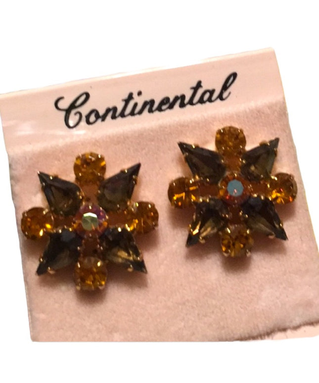 Vintage NWT Continental brown amber crystal flower pierced earrings