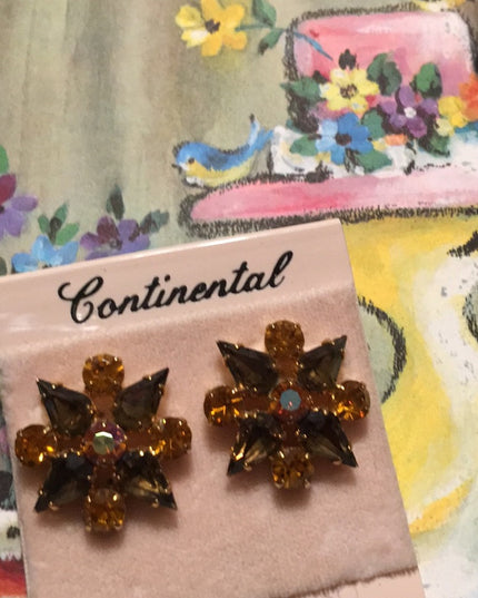 Vintage NWT Continental brown amber crystal flower pierced earrings