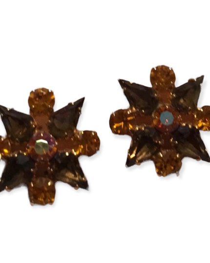 Vintage NWT Continental brown amber crystal flower pierced earrings