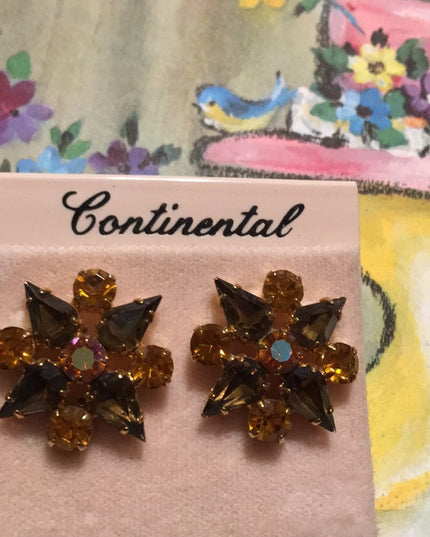 Vintage NWT Continental brown amber crystal flower pierced earrings