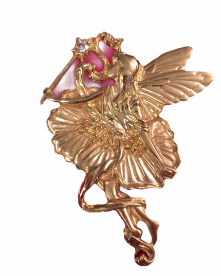 Lovely Unsigned High gold finish large fairy brooch with rhinestone