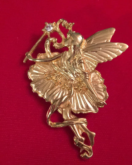Lovely Unsigned High gold finish large fairy brooch with rhinestone