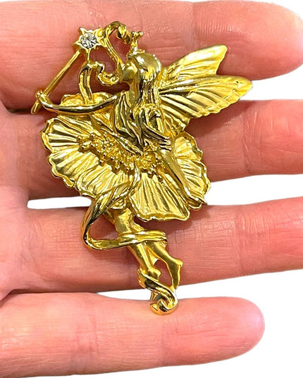 Lovely Unsigned High gold finish large fairy brooch with rhinestone