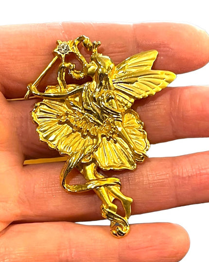 Lovely Unsigned High gold finish large fairy brooch with rhinestone