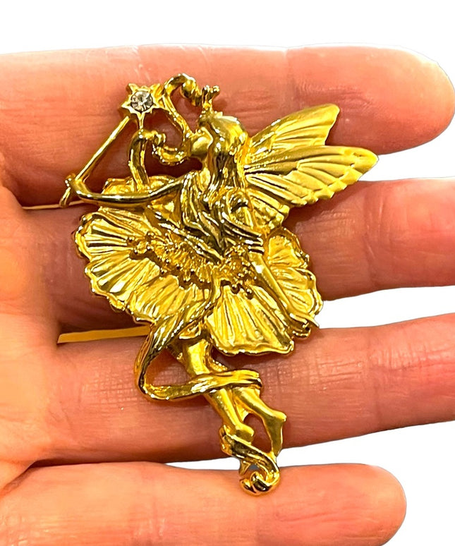 Lovely Unsigned High gold finish large fairy brooch with rhinestone