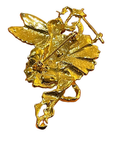 Lovely Unsigned High gold finish large fairy brooch with rhinestone