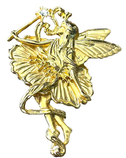 Lovely Unsigned High gold finish large fairy brooch with rhinestone