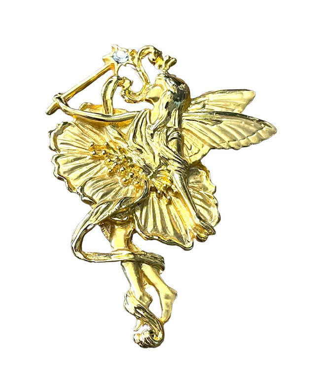 Lovely Unsigned High gold finish large fairy brooch with rhinestone