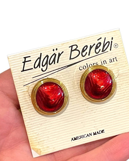 Vintage 1980s Edgar Berebi Gold finish earrings red enamel