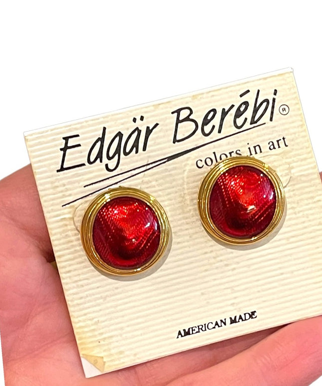 Vintage 1980s Edgar Berebi Gold finish earrings red enamel