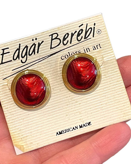 Vintage 1980s Edgar Berebi Gold finish earrings red enamel