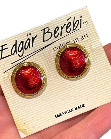 Vintage 1980s Edgar Berebi Gold finish earrings red enamel