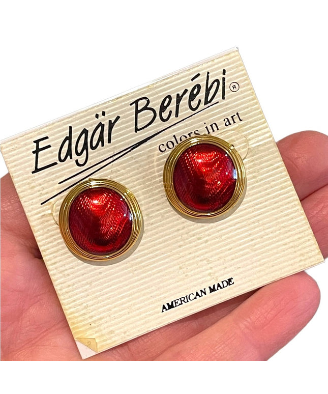 Vintage 1980s Edgar Berebi Gold finish earrings red enamel