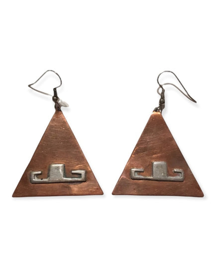 Vinatge Copper Silver Handmade Artist signed Modernist pyramid Toltic earrings