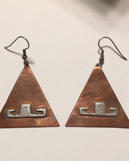 Vinatge Copper Silver Handmade Artist signed Modernist pyramid Toltic earrings