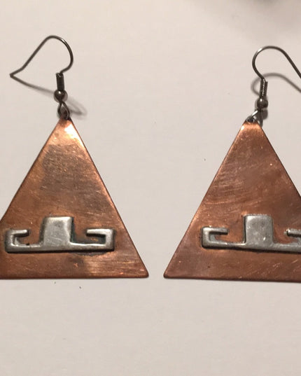 Vinatge Copper Silver Handmade Artist signed Modernist pyramid Toltic earrings