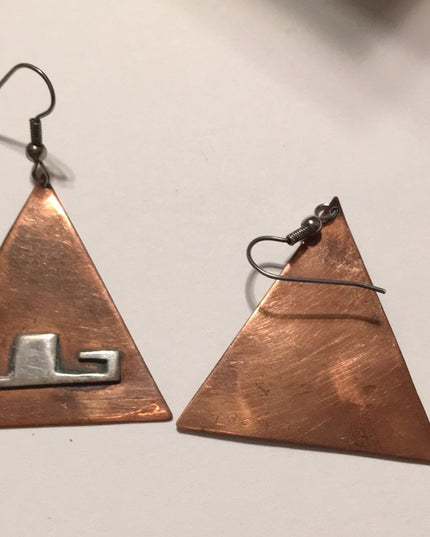 Vinatge Copper Silver Handmade Artist signed Modernist pyramid Toltic earrings