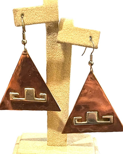 Vinatge Copper Silver Handmade Artist signed Modernist pyramid Toltic earrings