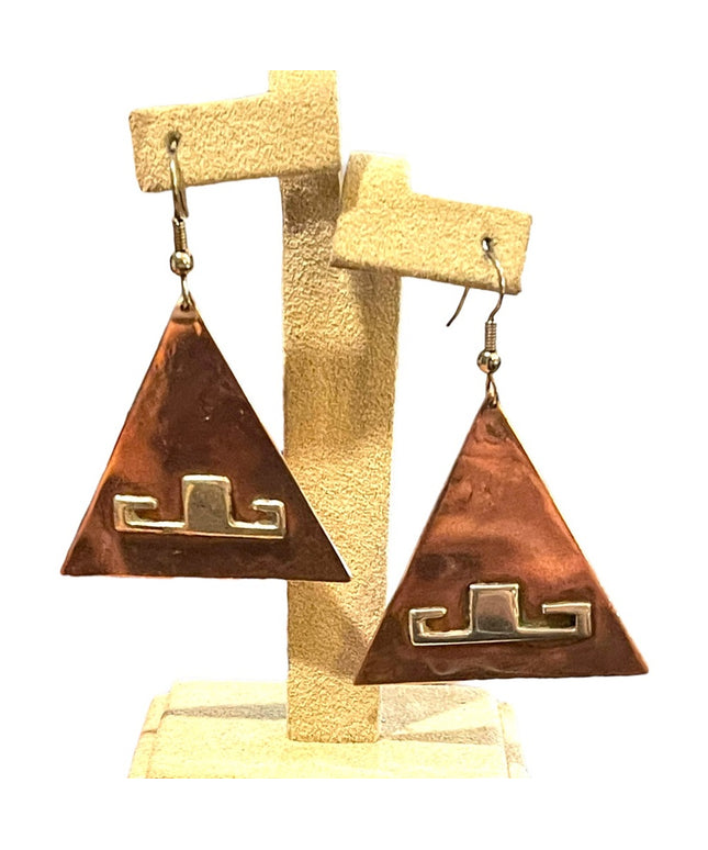 Vinatge Copper Silver Handmade Artist signed Modernist pyramid Toltic earrings