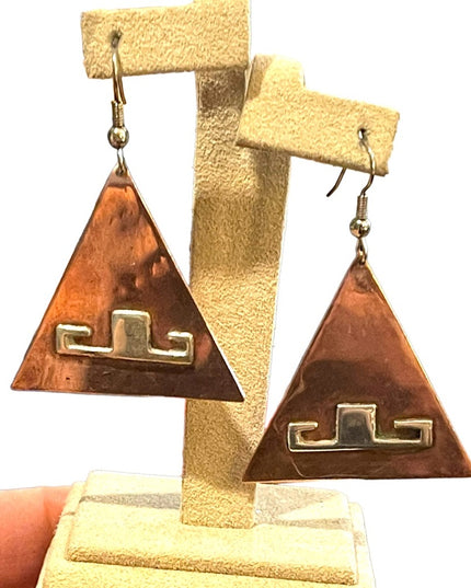 Vinatge Copper Silver Handmade Artist signed Modernist pyramid Toltic earrings