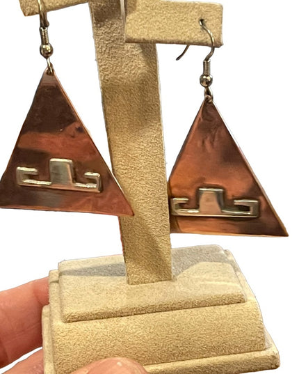 Vinatge Copper Silver Handmade Artist signed Modernist pyramid Toltic earrings