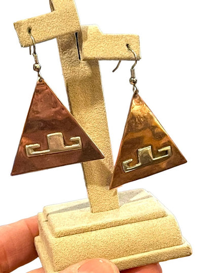 Vinatge Copper Silver Handmade Artist signed Modernist pyramid Toltic earrings