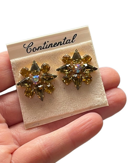 Vintage NWT Continental brown amber crystal flower pierced earrings