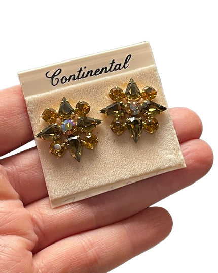 Vintage NWT Continental brown amber crystal flower pierced earrings