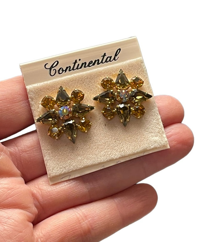 Vintage NWT Continental brown amber crystal flower pierced earrings
