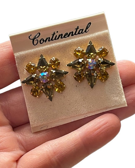 Vintage NWT Continental brown amber crystal flower pierced earrings