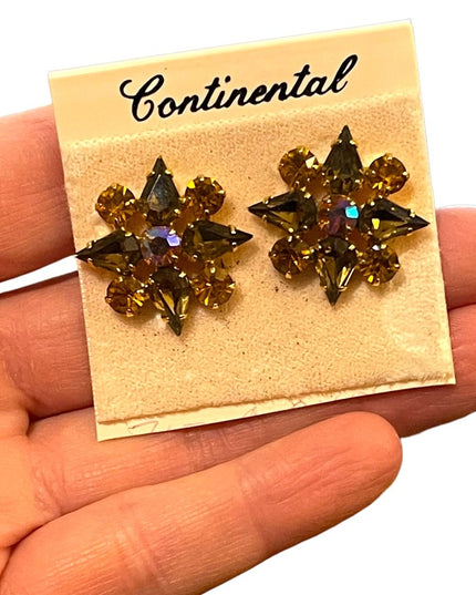 Vintage NWT Continental brown amber crystal flower pierced earrings