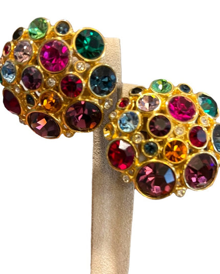 Vintage Chunky gold finish Blanca Coloful crystal encrusted clip on earrings