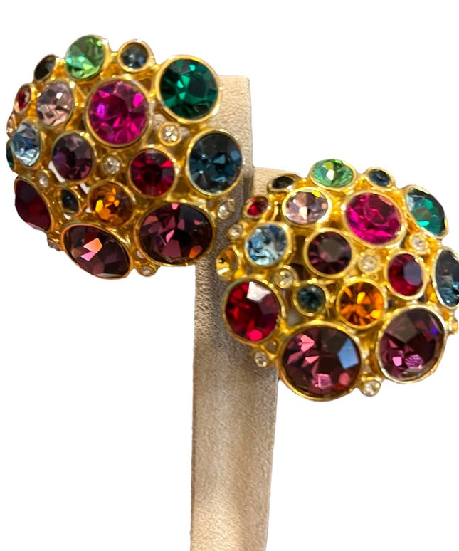 Vintage Chunky gold finish Blanca Coloful crystal encrusted clip on earrings
