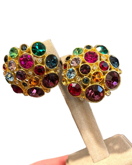 Vintage Chunky gold finish Blanca Coloful crystal encrusted clip on earrings