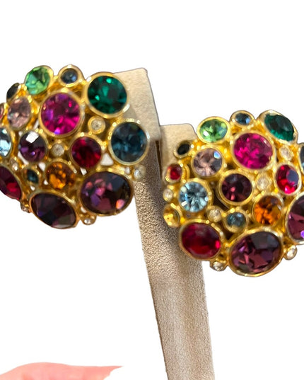 Vintage Chunky gold finish Blanca Coloful crystal encrusted clip on earrings