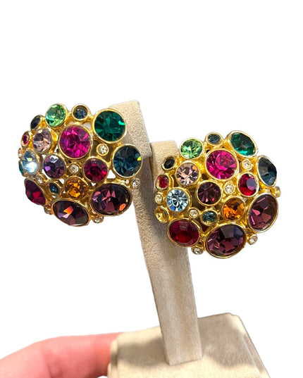 Vintage Chunky gold finish Blanca Coloful crystal encrusted clip on earrings
