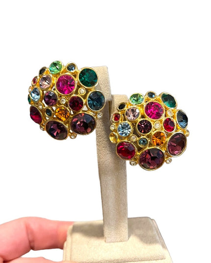 Vintage Chunky gold finish Blanca Coloful crystal encrusted clip on earrings