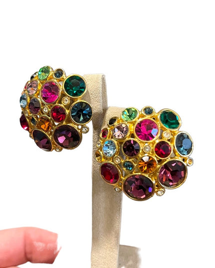 Vintage Chunky gold finish Blanca Coloful crystal encrusted clip on earrings