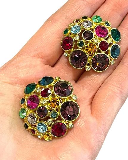 Vintage Chunky gold finish Blanca Coloful crystal encrusted clip on earrings