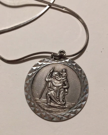 Vintage European St Christopher  medalion sterling chain Necklace Religious