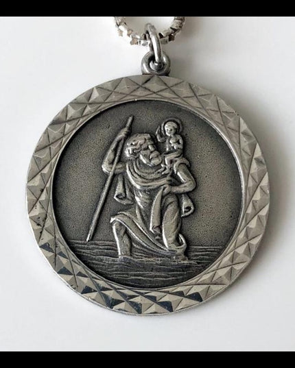 Vintage European St Christopher  medalion sterling chain Necklace Religious