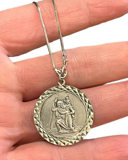 Vintage European St Christopher  medalion sterling chain Necklace Religious
