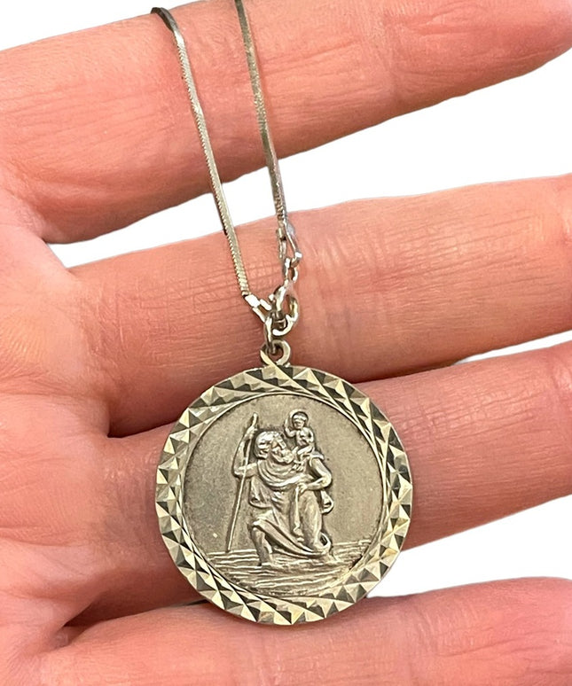 Vintage European St Christopher  medalion sterling chain Necklace Religious