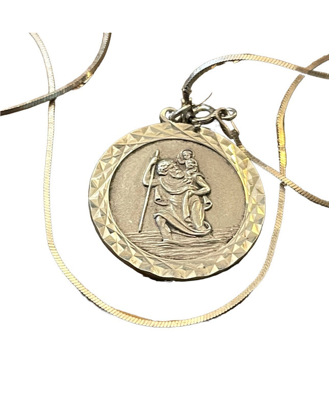 Vintage European St Christopher  medalion sterling chain Necklace Religious