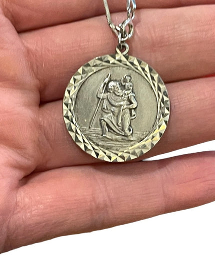 Vintage European St Christopher  medalion sterling chain Necklace Religious