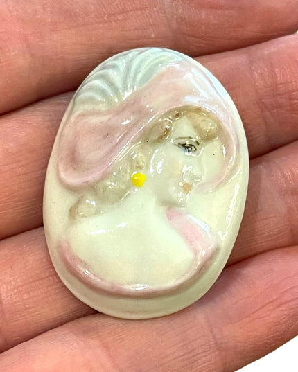 Vintage Handmade  Ceramic cameo lady brooch