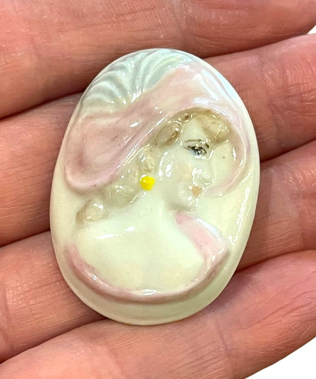 Vintage Handmade  Ceramic cameo lady brooch