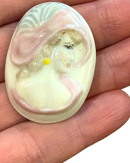 Vintage Handmade  Ceramic cameo lady brooch