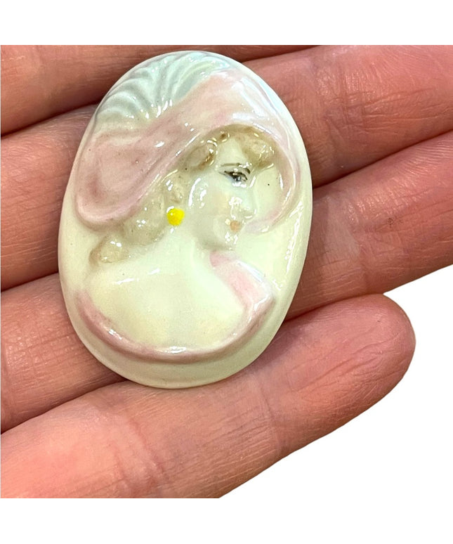 Vintage Handmade  Ceramic cameo lady brooch
