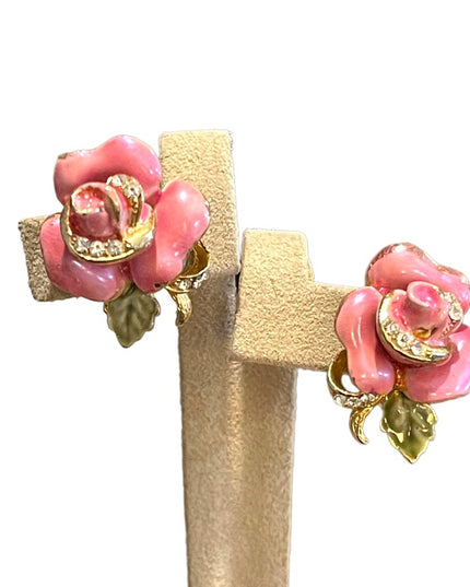 Lovely Vintage Pink roses Enameled Rhinestone crystal clip on earrings
